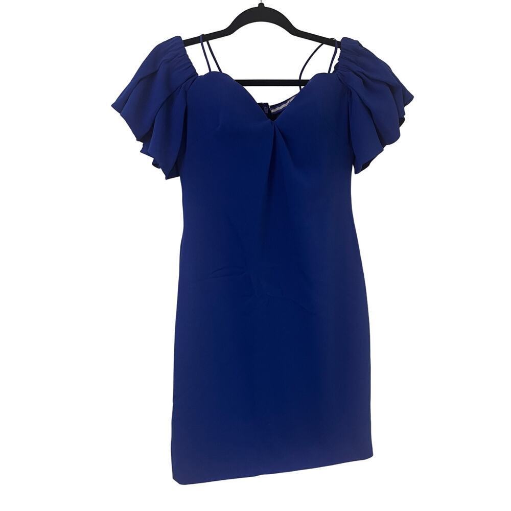 Badgley Mischka Blue Off-The Shoulder Mini Sheath Dress Size 6